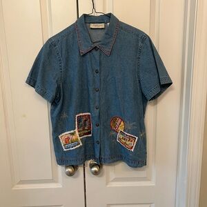 Petite large mid-size vintage denim Button Down Shirt with Decorative Patches